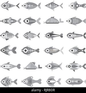 Fish grayscale vector icon set. Isolated on white background. Multiple design elements. Vector EPS10 and High resolution JPEG files included. Stock Vector