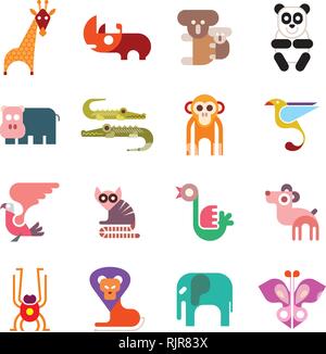 Zoo Animals. Set of colorful vector icons. Isolated on white background. Can be used as logo. Stock Vector