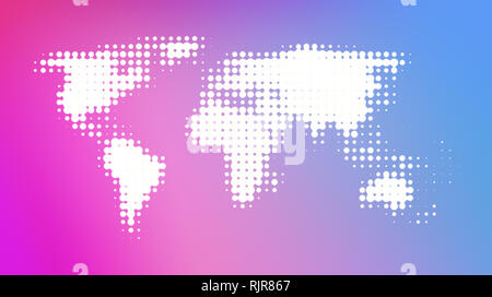 Abstract white dotted world map on soft and blurred colorful pink, purple and blue gradient background.
