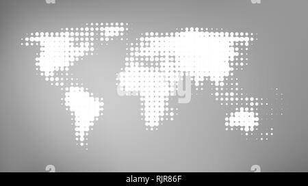 Abstract white dotted world map on a soft and blurred gray background.