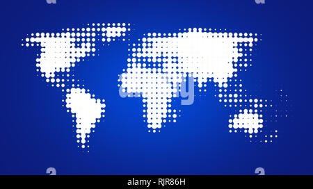 Abstract white dotted world map on a soft and blurred blue gradient background.