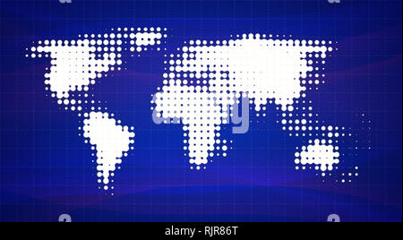 Abstract white dotted world map on a soft and blurred blue gradient background with square grid made of dashed lines and wavy and blurred lines.