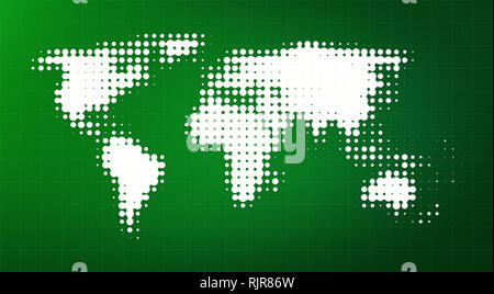 Abstract white dotted world map on a soft and blurred green gradient background with square grid made of dashed lines.
