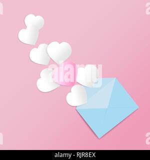 Valentines hearts with mail postcard. Paper cut elements on pink background. Vector symbols for Happy Women's, Mother's, Valentine's Day, birthday Stock Vector