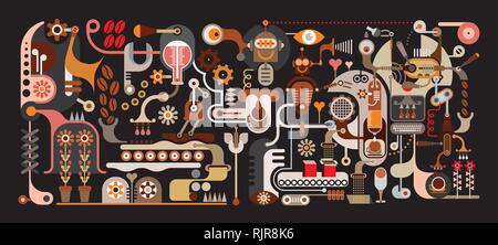 Coffee Making Factory - color vector illustration on black background.  The Magic Factory, where coffee beans are ground and blend with the music soun Stock Vector