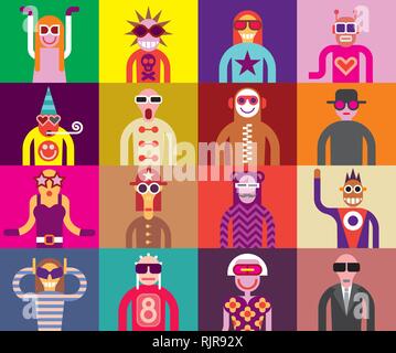 Art composition abstract portraits - vector illustration. Sixteen people in sunglasses. Can be used as seamless wallpaper. Stock Vector