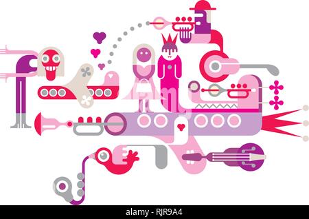Wedding - color vector illustration. Married couple go on honeymoon travel. Stock Vector