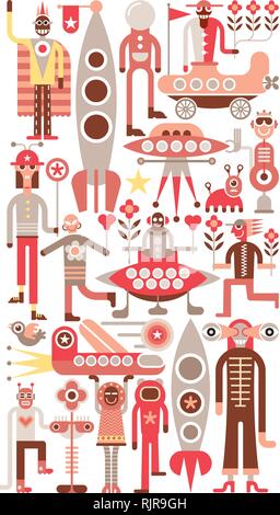 Humans meet friendly space travelers from other planets. Isolated vector illustration on white background. Stock Vector
