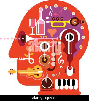 Abstract music head - isolated vector illustration on white background. Musical minds. Stock Vector