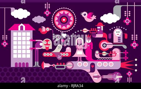 Night wedding ceremony - vector illustration on dark violet background. Stock Vector