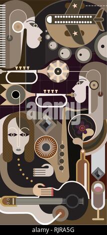 Three Women Playing Musical Instruments - vector background. Art collage. Stock Vector