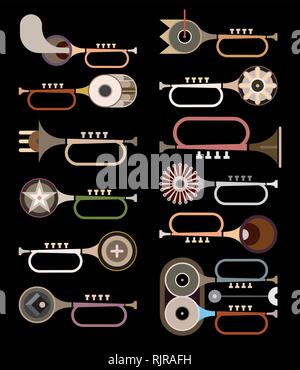 Trumpets - abstract vector icons on black background. Collection of similar trumpets. Graphic design. Stock Vector