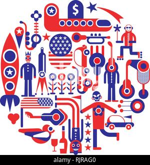 USA Icons - round vector illustration. Red, blue and white colors. Stock Vector