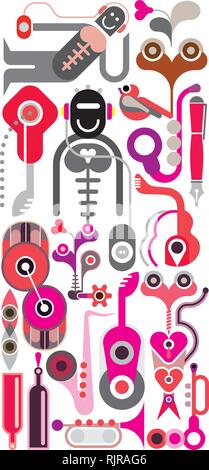 Abstract Music illustration - vector collage, vertical composition. Robot with headphones. Musical instrument icons on white. Stock Vector