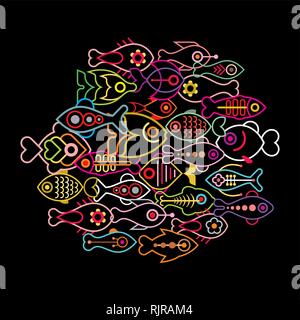 Colorful Exotic Fishes - isolated vector illustration on black background. School of fish. Stock Vector