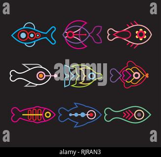 Aquarium Fishes - set of vector icons. Isolated on black background. Stock Vector