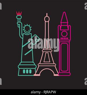 Landmarks - neon lights on black. Isolated vector illustration.Statue of Liberty, Big Ben, Eiffel Tower. Stock Vector