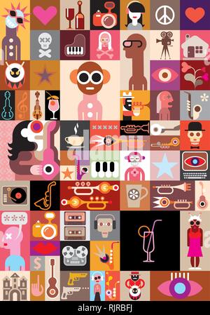 Art Collage with people portraits and many different images. Vector illustration. Stock Vector