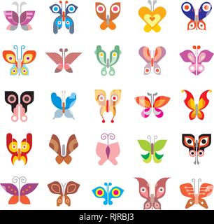 Butterfly - large set of isolated vector icons on white background. Can be used as logo (logotypes). Stock Vector