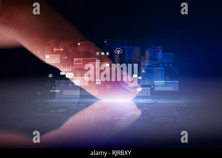 Finger touching tablet with global database concept and dark background  Stock Photo