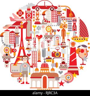 Travel and Tourism - isolated round vector illustration on white background. Graphic art design. Stock Vector