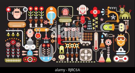 Robotic Flower Factory - isolated vector illustration on black background. Greenhouse. Stock Vector
