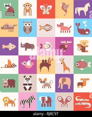 Animals, Fishes and Birds - vector illustration. Animal icon set. Seamless background. Stock Vector