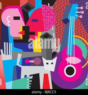 The Dance. Vector illustration with cat, old guitar and dancing couple. Stock Vector