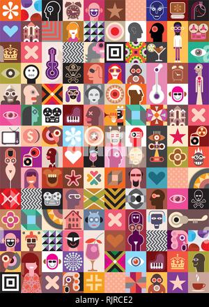 Art Collage of multitude different images. Vector illustration. Seamless wallpaper. Stock Vector