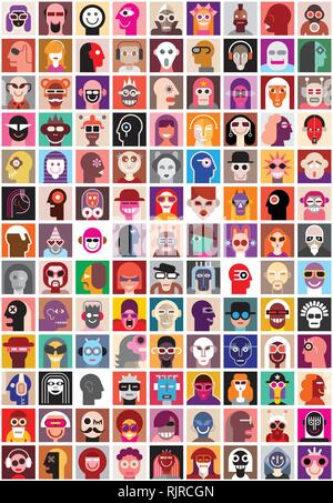 People faces vector set. Collage of closeup portraits. Seamless wallpaper. Stock Vector