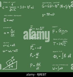 Physics lesson -  hand written law of physics equations set. Science vector illustration. Stock Vector