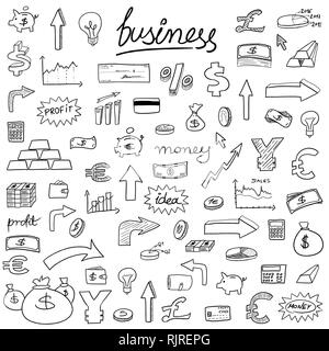 Business icons - doodle style illustration with money, currencies and finance object symbols. Stock Vector