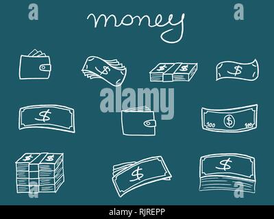 Money icons - sketchy doodle style illustration with banknotes and wallets. Business set. Stock Vector