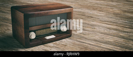 Vintage, retro radio. Radio old fashioned on wooden floor background, banner. 3d illustration Stock Photo
