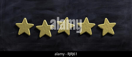 5 stars ranking, customer feedback concept. Five golden stars isolated on blackboard background, banner. 3d illustration Stock Photo