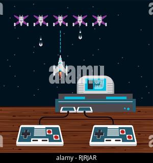 vintage videogame console with aliens spaceship Stock Vector