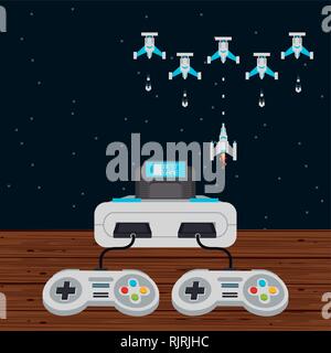 vintage videogame console with aliens spaceship Stock Vector