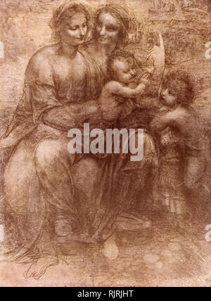 The Virgin and Child with St Anne and St John the Baptist, sometimes called The Burlington House Cartoon, is a drawing by Leonardo da Vinci. The drawing is in charcoal and black and white chalk, on eight sheets of paper glued together. The drawing depicts the Virgin Mary seated on the knees of her mother, St Anne, while holding the Child Jesus as Jesus' young cousin, St. John the Baptist, stands to the right. It currently hangs in the National Gallery in London. It was either executed in around 1499-1500 Stock Photo