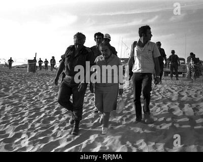 Visiting Israeli positions in the Sinai during the 1973 Arab-Israel War: Israeli Prime Minister Golda Meir with Ariel Sharon (1928 - 2014), Then a senior Israeli General. Sharon was later Prime Minister of Israel. Stock Photo