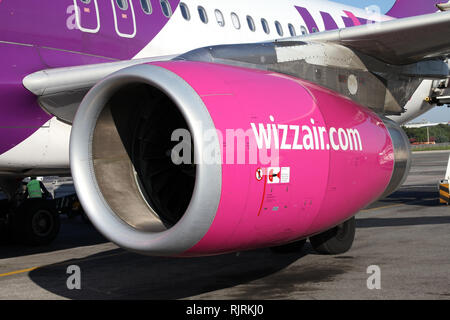 ROME - MAY 9: Wizzair Airbus A320 aircraft engine (model IAE V2500) on May 9, 2009 at Rome Ciampino Airport. International Aero Engines group in one o Stock Photo