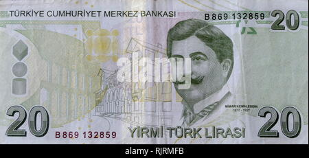 20 Lira Turkish banknote depicting, Ahmet Kemalettin or Kemaleddin (1870-1927), Turkish architect of the very late period of the Ottoman architecture and the early years of the newly established Republic Stock Photo