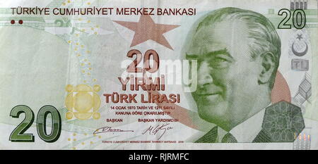 20 Lira Turkish banknote depicting, Kemal Ataturk first President of Turkey Stock Photo