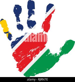 Namibia flag and hand on white background. Vector illustration Stock Vector