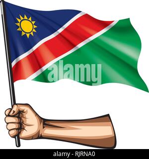 Namibia flag and hand on white background. Vector illustration Stock Vector