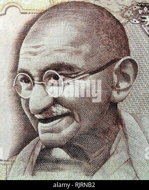 Gandhi depicted on the 500 Rupee banknote, used in India, between October 1997 and November 2016. Mohandas Karamchand Gandhi (1869 - 1948), was an Indian activist who was the leader of the Indian independence movement against British rule.