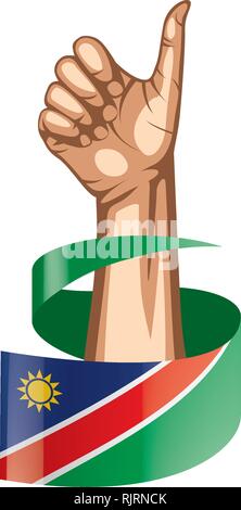 Namibia flag and hand on white background. Vector illustration Stock Vector