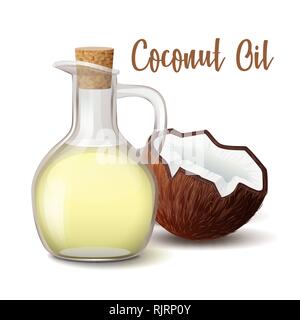 glass jug with coconut oil closed wooden stopper with coconut vector illustration isolated on white background. Stock Vector