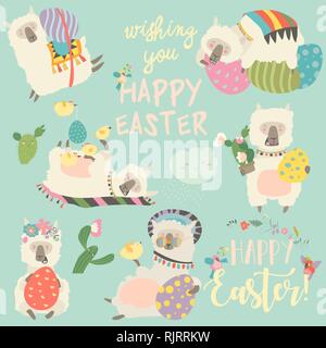 Cute llama or alpaca with Easter eggs Stock Vector