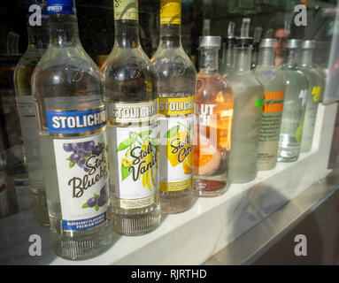 A selection of bottles of top shelf liquor displayed in the window of a bar in Midtown Manhattan in New York on Sunday, February 3, 2019.  (Â© Richard B. Levine) Stock Photo