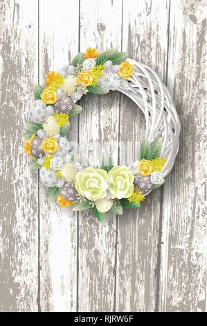 Decorated elegant Easter wreath with eggs flowers and leafs - on rustic wooden background Stock Vector
